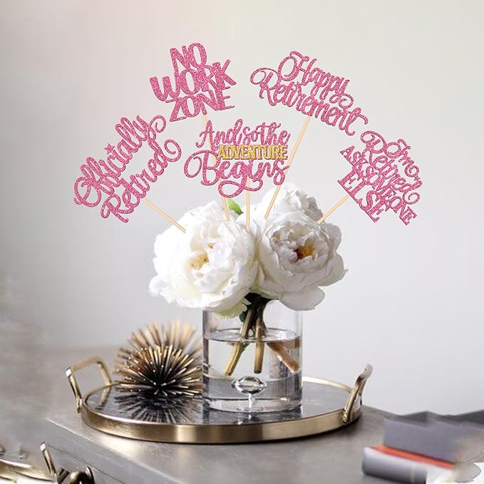 15 PCS Happy Retirement Centerpiece Sticks Officially Retired Table Flower Centerpieces Sticks No Work Zone Floral Decorations for Retirement Theme Farewell Birthday Party Centerpieces Supplies Pink