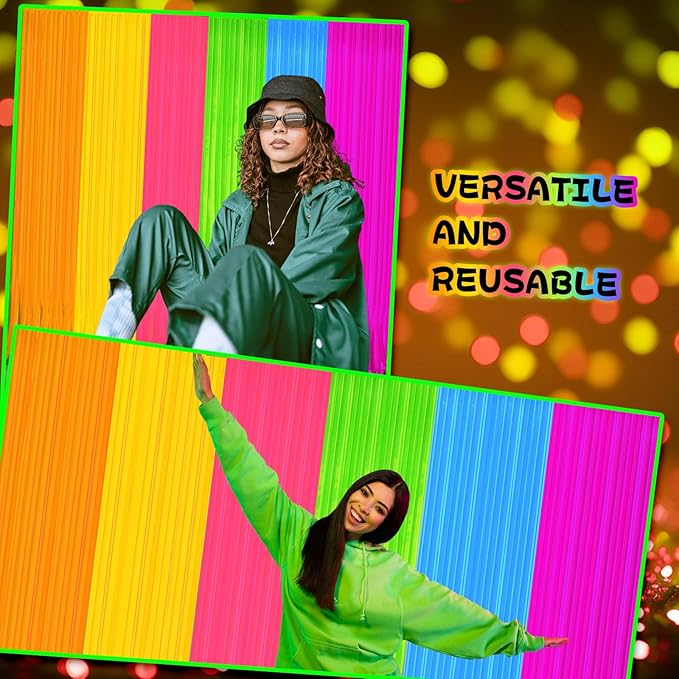Glow in The Dark Curtains Party Supplies 6.6 x 3.3 Ft Glow Tinsel Foil Fringe Curtains Colorful Patchwork Streamer Backdrop for Birthday Holiday Neon Party Decorations