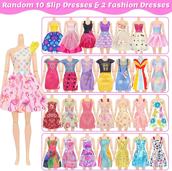 Ecore Fun 101 Pcs Doll Clothes and Accessories Set for 11.5 Inch Dolls - 5 Wedding Gowns 12 Fashion Dresses 2 Tops 2 Pants 2 Swimsuits 10 Shoes and Other Accessories Dress up Toys for Girls Kids