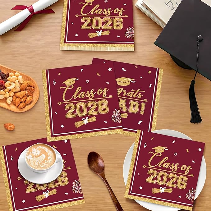 50 Pcs Graduation Napkins Class of 2026 - Maroon Gold Congrats Grad Napkins Set, 3-Ply Disposable Graduation Luncheon Dinner Party Paper Napkins for Grad Party Supplies Table Decoration