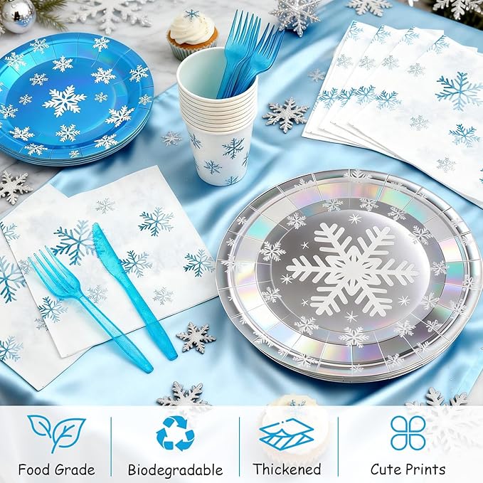 144Pcs Snowflake Frozen Birthday Party Supplies Decorations Laser Paper Plates Napkins Vintage Party Tableware Disposable Snow Dinnerware Set for Kids Birthday Baby Shower Table Decor, Serve 24