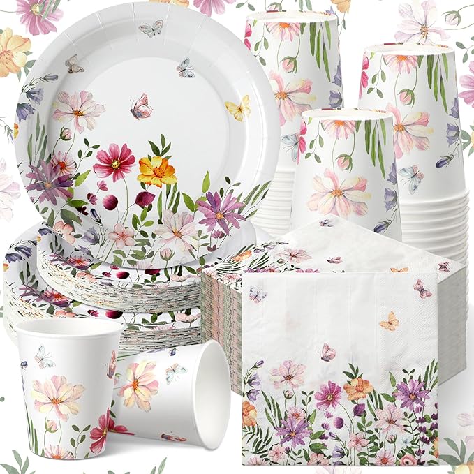 Hsei 250 Pcs Spring Wildflower Party Decoration Baby Shower Disposable Tableware Sets Birthday Supplies Serves 50 Guests Disposable Plates Napkins and Cups for Baby Bridal Shower Birthday Party