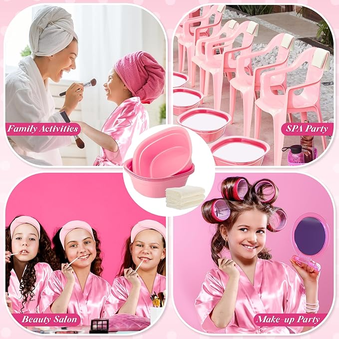 24 Pcs Kids Spa Party Supplies Includes 6 Spa Party Robes 6 Basins 6 Makeup Headband 6 Towels for Sleepover Bath (Pink)