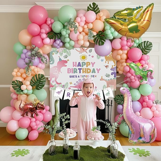 Three-Rex Cute Dinosaur theme birthday party Decorations with Pink Green balloon and dino foil balloon & footprint sticker & ROAR Banner Backdrop & Artificial Palm Leaves for Girls 3rd birthday