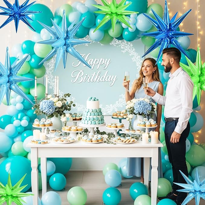 TONIFUL 8 Pcs Blue Green Foil Balloons Large Star Balloons Explosion Star Mylar Balloons for Party Backdrop Christmas New Year Birthday Wedding Baby Shower Anniversary Photo Booth Supplies