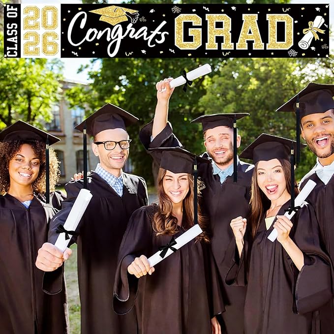 Graduation Banner Class of 2026 - Large Congrats Grad Yard Sign 2026 Black Gold Congrats Grad Banner Fence Yard Sign for Graduation Decorations Party Supplies
