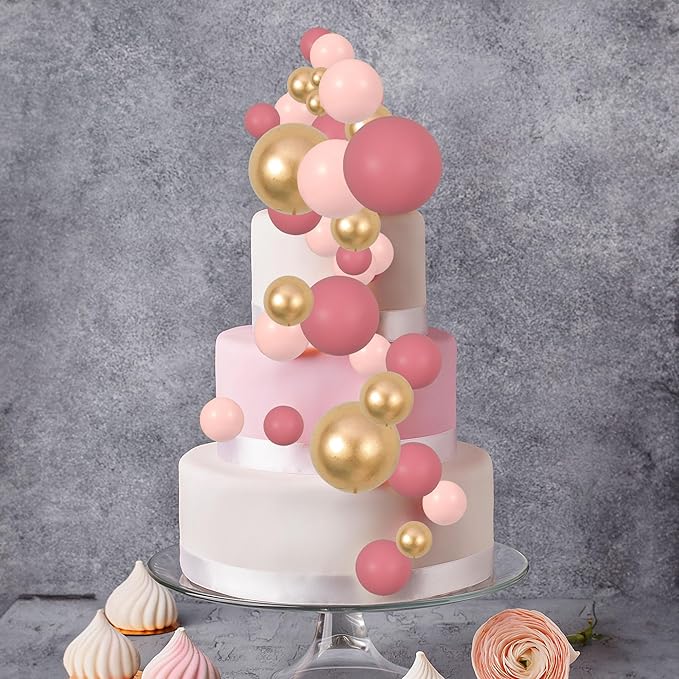 Gyufise 30Pcs Pink Gold Ball Cake Toppers Mini Balloon Cupcake Toppers DIY Foam Ball Cake Insert Decoration for Wedding Anniversary Birthday Party Supplies Decorations