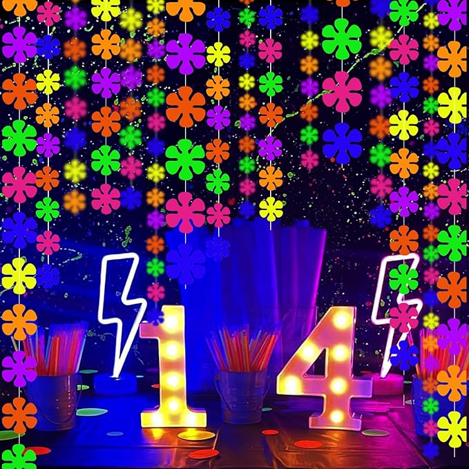 120 ft UV Paper Windmill Flowers Neon Garland Streamers Black Light Neon Decorations for Dark Glow Party UV Reactive Neon Party Favors Glow in The Dark Party Supplies for Birthday Banner Garlands