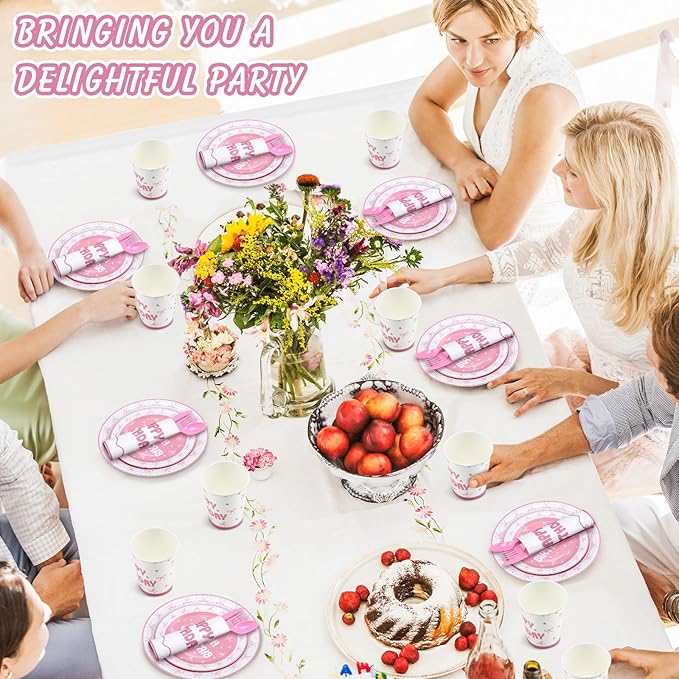 168 Pcs Coquette Birthday Decorations Wedding Spring Pink Bow Birthday Party Supplies Includes Pink Bow Napkins Plates Forks and Theme Tableware Party Supplies Decor