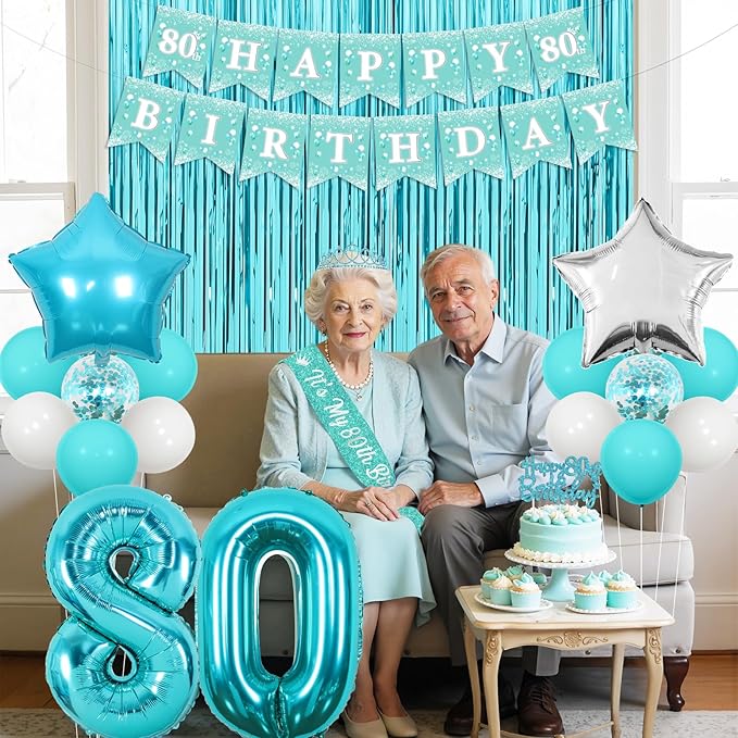 Funmemoir Teal 80th Birthday Decorations for Women - Happy 80th Birthday Banner Sash Tiara Foil Balloons Foil Fringe Backdrop and Cake Topper, Teal Blue 80 Years Old Party Supplies