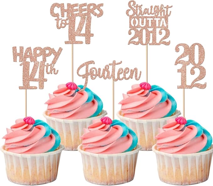30PCS 14th Birthday Cupcake Toppers Glitter Fourteen Happy 14 Straight Outta 2012 Cupcake Picks for Cheers to 14 Years 14th Birthday Wedding Anniversary Party Decoration Supplies Rose Gold