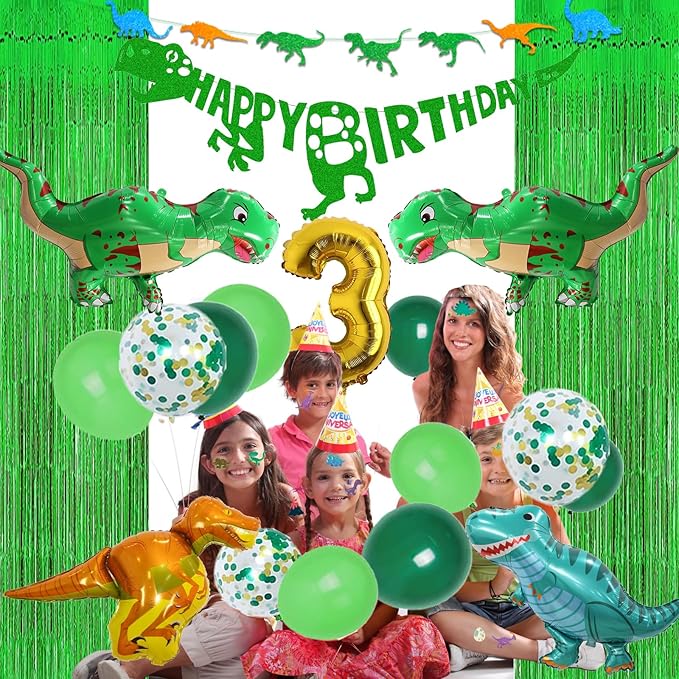 Three Rex Birthday Party Decorations Boy, Dinosaur 3rd Birthday Party Supplies Include Banner Tablecloth Fringe Curtains Three Rex Balloons Cake Toppers Stickers for 3 Rex Birthday Decorations Boys