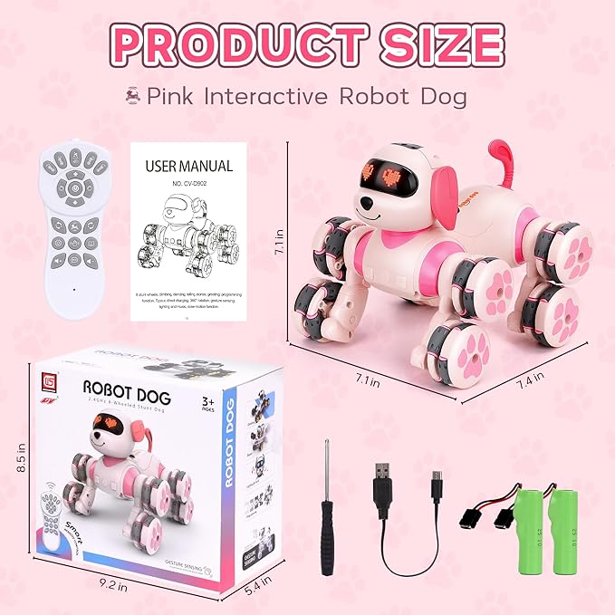 HuiJuKeJi Smart Interactive Robot Dog Toy - Easy Programmable Remote Control Robotic Pet with Gesture Sensing 8WD 360° Stunts, LED Eyes Dancing & Music RC Cars, Birthday Gift for Kids Ages 3-8