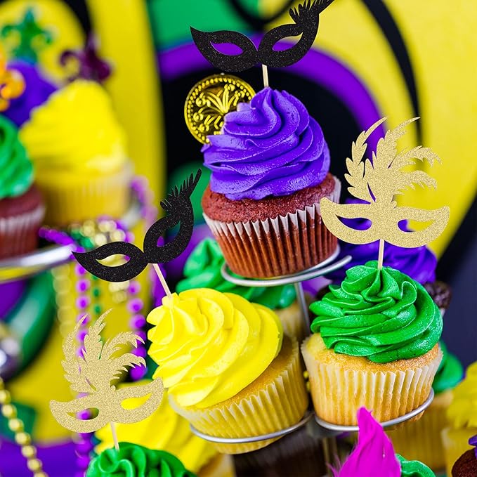 Gyufise 24 Pack Masquerade Masks Cupcake Topper Gold Black Glitter Mask Cake Topper Picks Dessert Cupcake Toppers for Masquerade Mardi Gras Party Baby Shower Birthday Party Decorations
