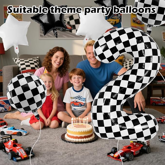 40 Inch Checkered Number Balloons 2 Black and White Foil Balloon for Girls & Boys Racing Car Theme Birthday Party Decorations, Party Supplies & Favors(Number 2)