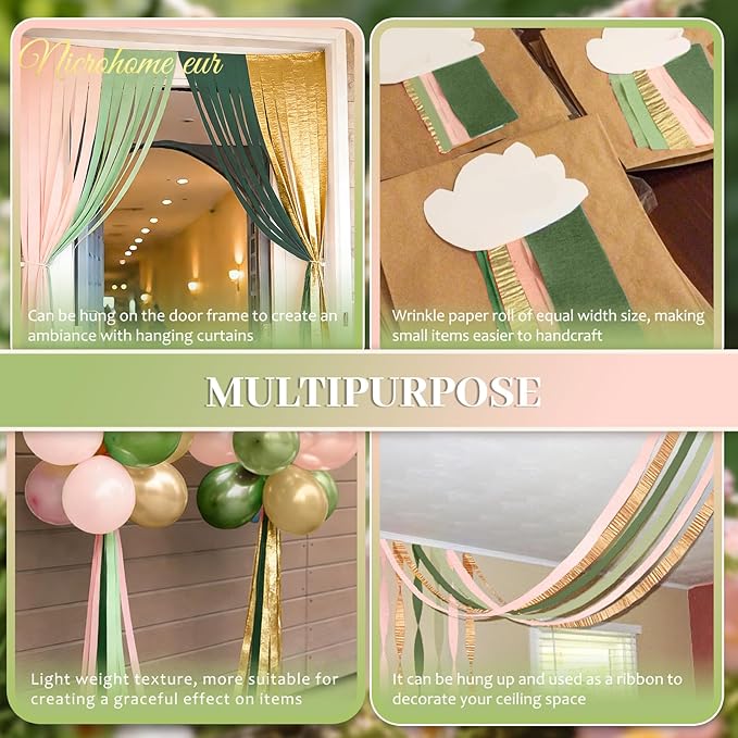 NICROHOME EUR Wedding Party Decorations, 8 Rolls Moss Sage Green Pink Crepe Paper Streamers for Boho Baby Shower, Wedding, Engagement Party, Spring Party, Birthday Party Supplies, 82 ft Long