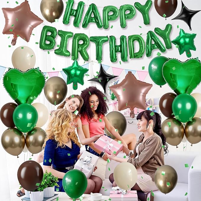 Green and Brown Birthday Decorations Dark Forest Green Safari Camo Army Brown Coffee Gold Sand Nude Balloons Happy Birthday Banner Heart Balloons 18/10 Inch Star Balloon for Boys Bday Party Supplies