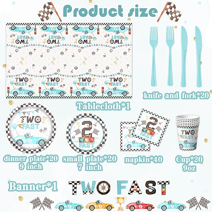 142pcs Two Fast Birthday Party Tableware Decorations for Boys Blue Race Car Checkered Flags Racing Wheel Disposable Plates,Tablecloth,Napkins,Cups,Forks and Knives for