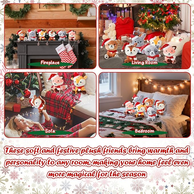 6 Pcs 7 Inch Large Woodland Animals Bulk with Red Hat & Scarf Bear Rabbit Squirrel Deer Raccoon Fox Plush Toys for Woodland Baby Showers Party Decor Birthday Gifts Classroom Awards