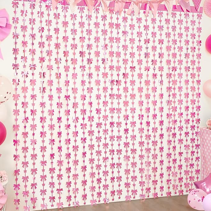 Bow Party Decorations, 2 Pack Pink Coquette Birthday Party Supplies, 3.3 X 6.6 ft Foil Fringe Curtains, Pink Bow Photo Booth Props Backdrop for Girls, Baby Pink, Bridal Shower Party Decor