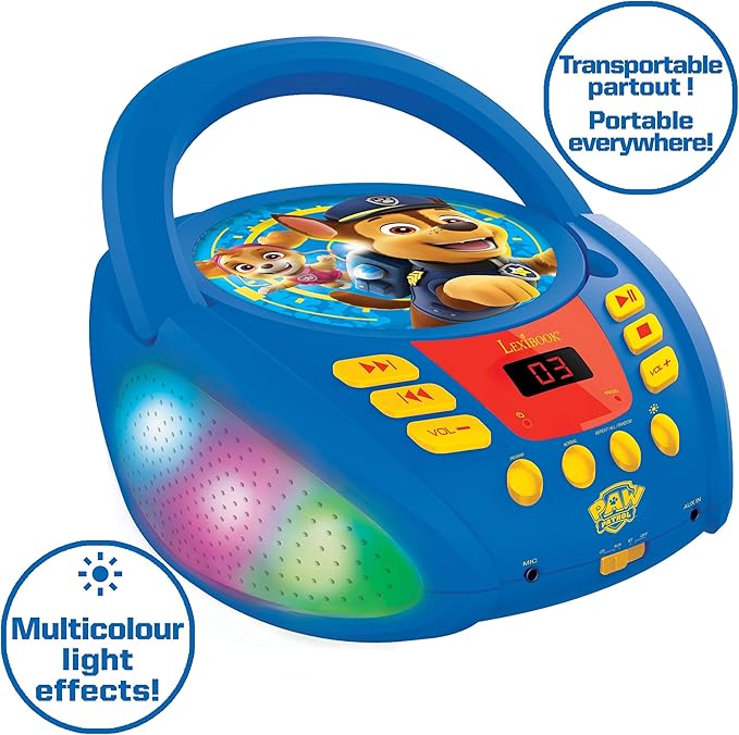 Lexibook - Paw Patrol - Bluetooth CD Player for Kids – Portable, Multicoloured Light Effects, Microphone Jack, Aux-in Jack, AC or Battery-Operated, Girls, Boys, Blue/Red, RCD109PA