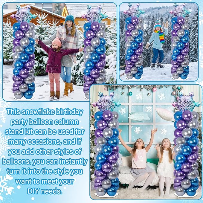 2 Sets Snow Party Balloon Column Stand Kit with 102 Balloons Winter Wonderland 5.57ft Adjustable Balloon Tower Stand with Bases Snowflake Balloons Arch Column for Girl Princess Birthday Party Supplies