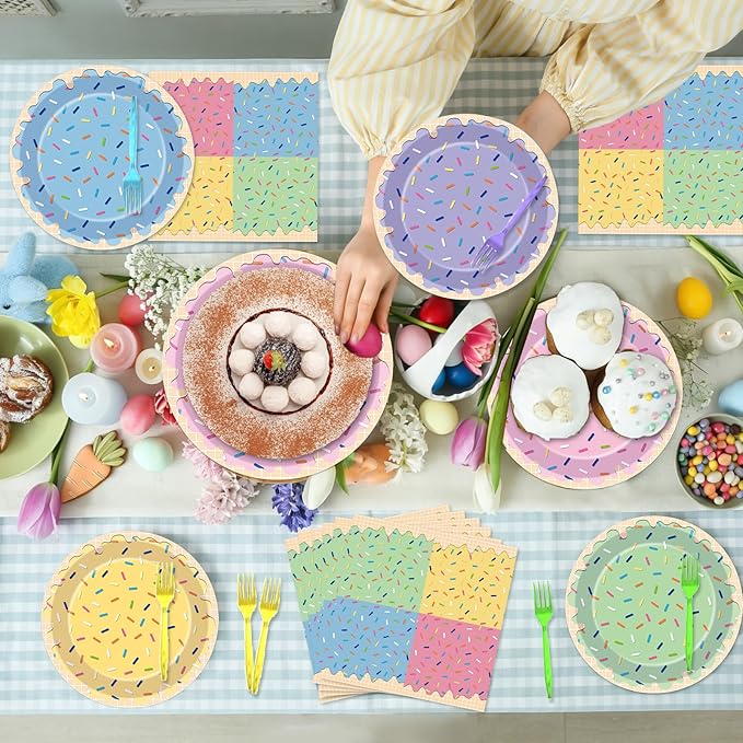 96Pcs Ice Cream Party Decorations Sweet One Birthday Plates Tableware Set Colorful Sprinkle Dessert Theme Dinner Paper Plates Napkins Donut Theme Dinnerware for Girls Baby Shower Party Supplies Favors