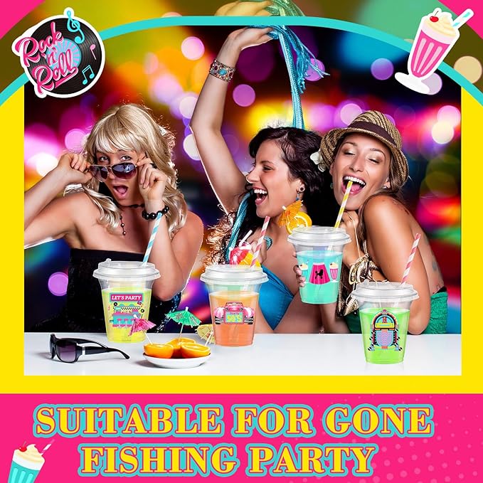 Boao 36 Sets 1950s Party Decorations 50's Rock and Roll Cups with Lids and Paper Straws 14 oz 50s Retro Birthday Plastic Cups 50's Theme Birthday Music Party Supplies