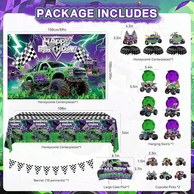 99 Pcs Monster Truck Birthday Party Decorations Set with Purple and Green Black Balloon Garland Arch Kit with Star & Wheels Checkered Balloons, Backdrop, Tablecloth, Grave Digger Party Supplies