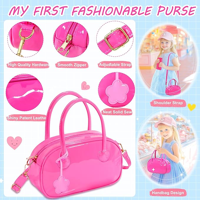 INNOCHEER Little Girls Purse, Toddler Purse Flower Girl Gift Girl Toys, Hot Pink Patent Leather Play Purse for Little Girls, Pretend Play Toy Kids Purse Gifts Toys for 3 4 5 6 7 8 Year Old Girls