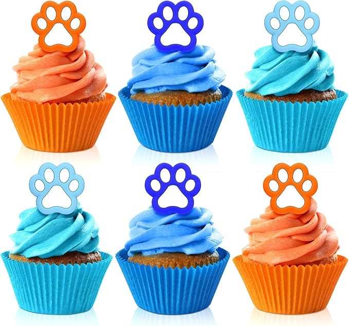 48 Pcs Paw Dog Cupcake Rings Toppers Decorations Orange Blue Red Yellow Paw Dog Theme Birthday Cupcake Rings Decorations for Puppy Baby Shower Party Supplies(Light Color)