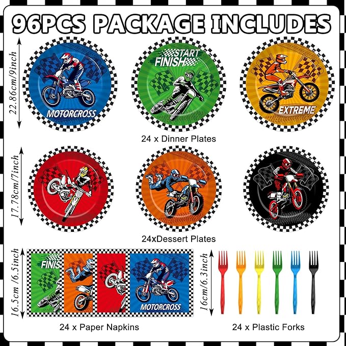 96Pcs Dirt Bike Party Decorations Motocross Birthday Dessert Plates Tableware Motorcycle Theme Dinner Paper Plates Napkins Racing Theme Dinnerware for Boys Baby Shower Supplies Favors