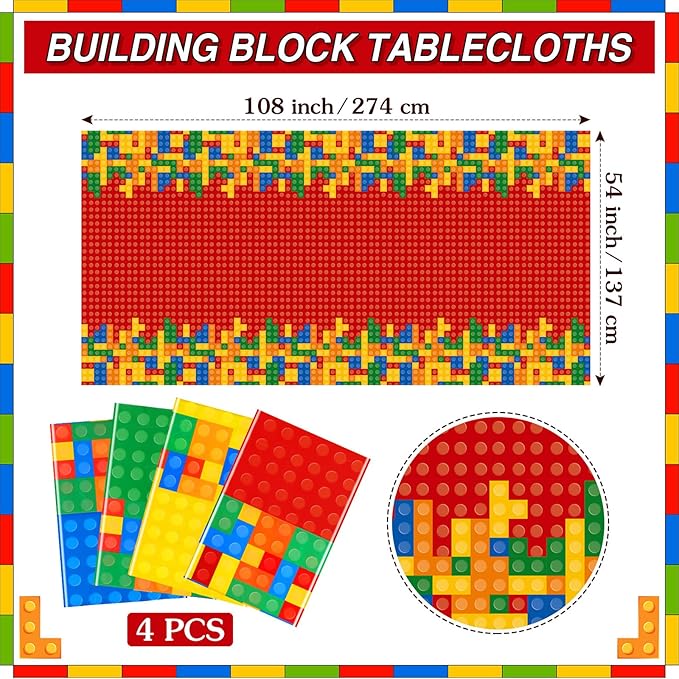 Oudain 4 Pcs Building Block Tablecloths - Colorful Birthday Party Decorations 54 x 108 Inch Disposable Plastic Brick Table Cover - Waterproof Themed Party Supplies (Multicolor)