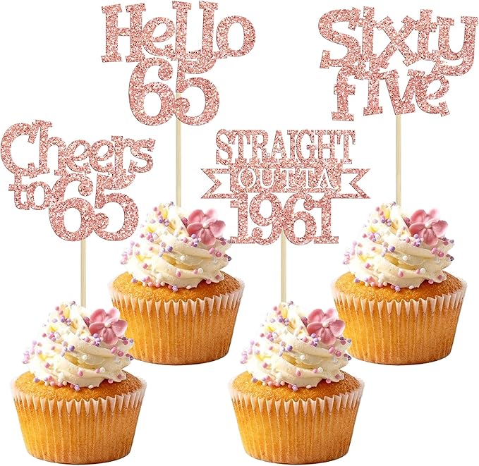 Ephlyn 24Pcs 65th Birthday Cupcake Toppers Glitter Straight Outta 1961 Cupcake Picks Hello 65 Cheers to 65 Years Cake Decorations for 65th Birthday Anniversary Party Decorations Supplies Rose Gold