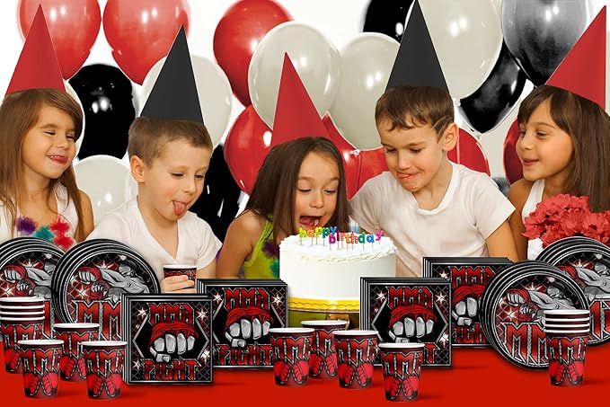 Birthday Galore Martial Arts MMA Birthday Party Supplies - Ultimate Boxer Champion Fighter Party Tableware Set - Red - Includes Plates Napkins Cups - Kit for 16