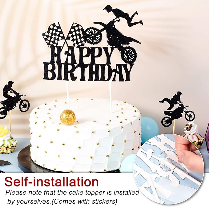Zonon 20 Pieces Dirt Bike Birthday Decoration Dirt Bike Party Supplies Banner Cake Cupcake Topper for Motocross Themed Birthday Party Man or Boy Riding Room Wall Decoration (Classic Style)