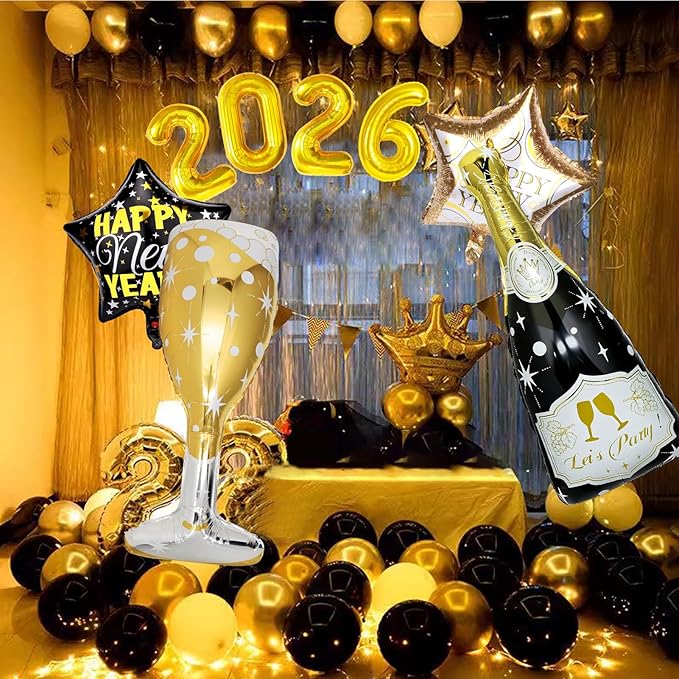 4 Pcs Champagne Balloons, Huge Black Gold Champagne Bottle Goblet Aluminum Foil Balloons for Birthday, Bachelorette, Graduation, Anniversary, 2026 New Years Eve Party Decorations Supplies