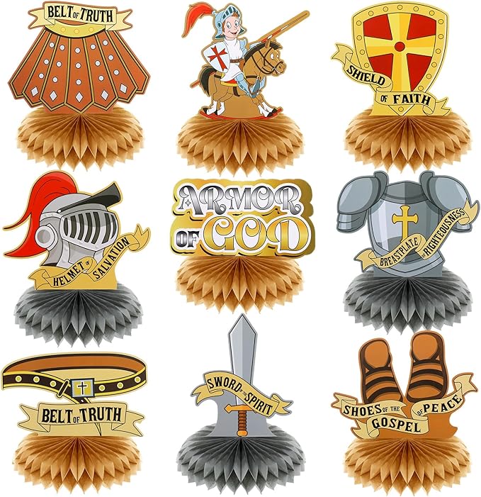 Jetec 9 Pcs Armor of God Honeycomb Centerpieces Bible Verse Religious Themed Party Decorations 3D Armor Knight Medieval Table Decor for Table Party Supplies