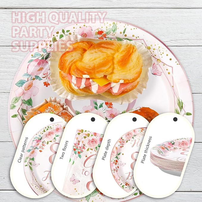 Grencian 96Pcs 80th Birthday Decorations for Women Floral 80th Birthday Party Plates and Napkins Disposable Rose Gold 80 Fabulous Tableware Set for Women 80 Years Old Party Supplies, Serves 24