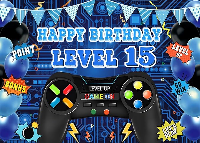 Game Theme Level 15 Birthday Backdrop Video Game Happy 15th Birthday Party Decorations Level Up Theme Boys Kids Birthday Party Supplies(7×5FT)