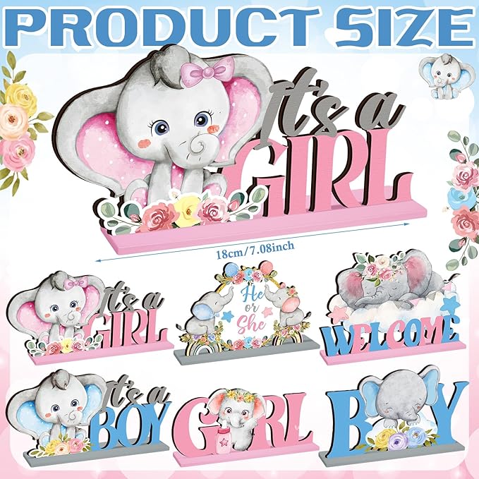 6 Pcs Elephant Gender Reveal Table Decorations He or She Baby Shower Party Centerpieces Elephant Theme Gender Reveal Blue and Pink Wooden Signs for Baby Shower Newborn Decor Party Supplies