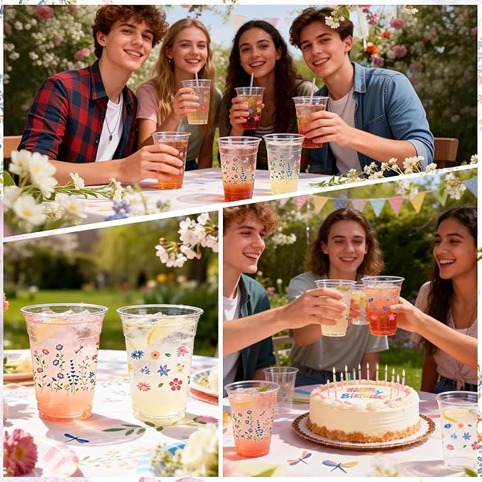 50pcs Wildflower Plastic Cups, 12 Oz Floral Clear Disposable Cups Bulk, Vintage Flower Plastic Drinking Cup for Spring Summer Party Favor Flower Birthday Wedding Party Supplies