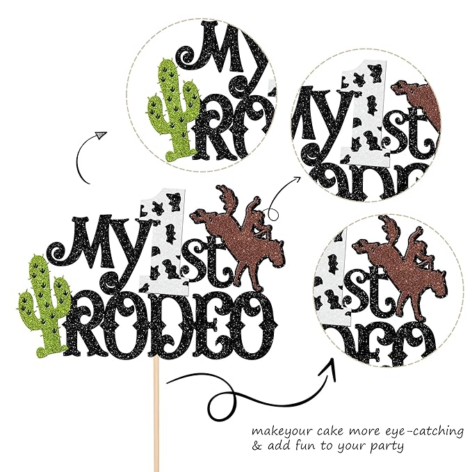 1 PCS My 1st Rodeo Cake Topper Brown Glitter Cactus First Birthday Cake Pick Decoration for Western Little Cowboy Theme Baby Shower Kids 1st Birthday Party Cake Decorations Supplies