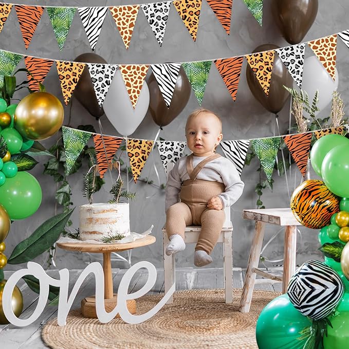 Tiamon 5 Pcs Jungle Zoo Animal Print Decoration Safari Birthday Banner Wild Animal Print Pennant Bunting 49.2 Ft Triangle Flag for Bulletin Board Classroom Decoration Safari Two Wild One Party Supply