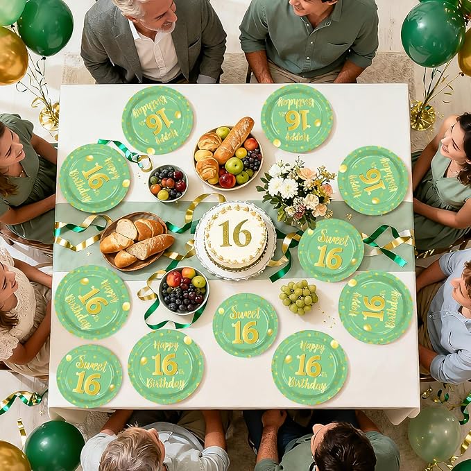 96 Pcs Sweet 16 Happy Birthday Party Decoration Sage Green and Gold Plates and Napkins Sweet 16th Birthday Tableware Set for Boy Girl 16 Years Party Supplies, Serves 24