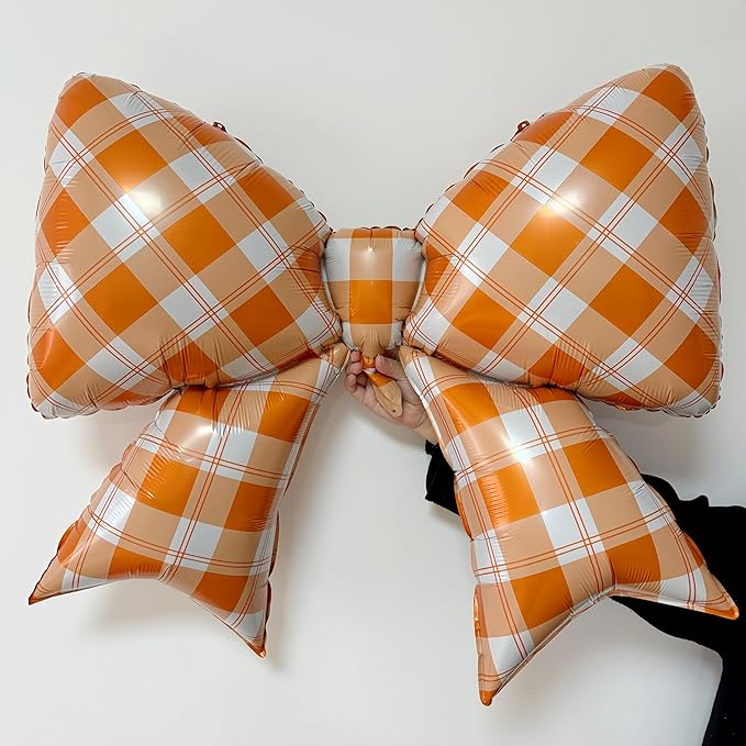 4Pcs Orange White Gingham Bow Balloons for The Life of A Showgirl Party/Tay*lor Sunset Coastal Birthday, Glam Showgirl Era Decor/Picnic Outdoor BBQ, Racing Party, Checkered Foil Bows