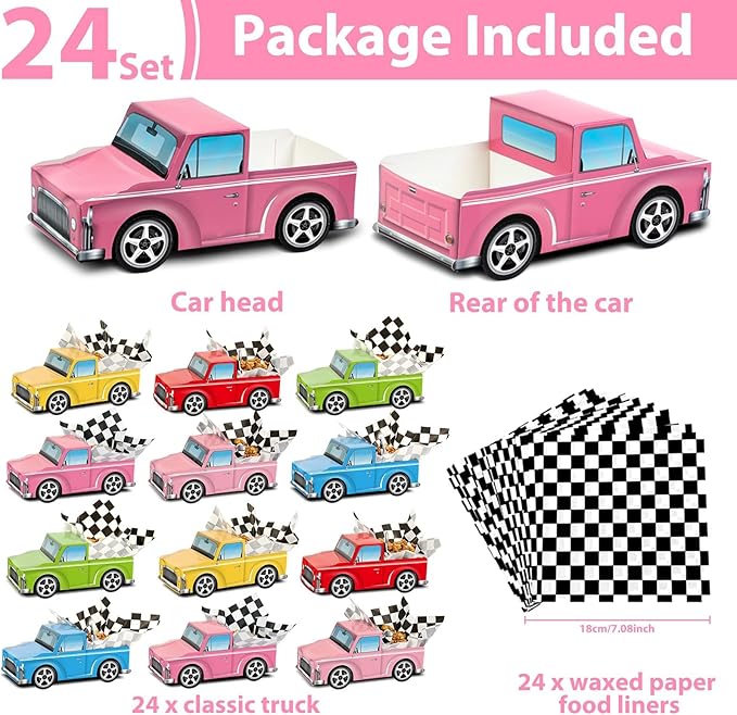 24 Pcs Classic Car Party Food Boxes Race Car Birthday Party Supplies Kids Trucks Food Box Tray with Snack and Waxed Paper Food Liners Table Centerpiece for Boys Girls Car Party Favors Decorations