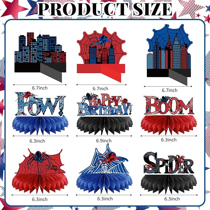 Outus 9 Pcs Spider Birthday Party Decorations Spider Honeycomb Centerpiece 3D Table Topper Standing Decorations Hero Web Theme Party Supplies for Birthday Shower Table Decor Indoor