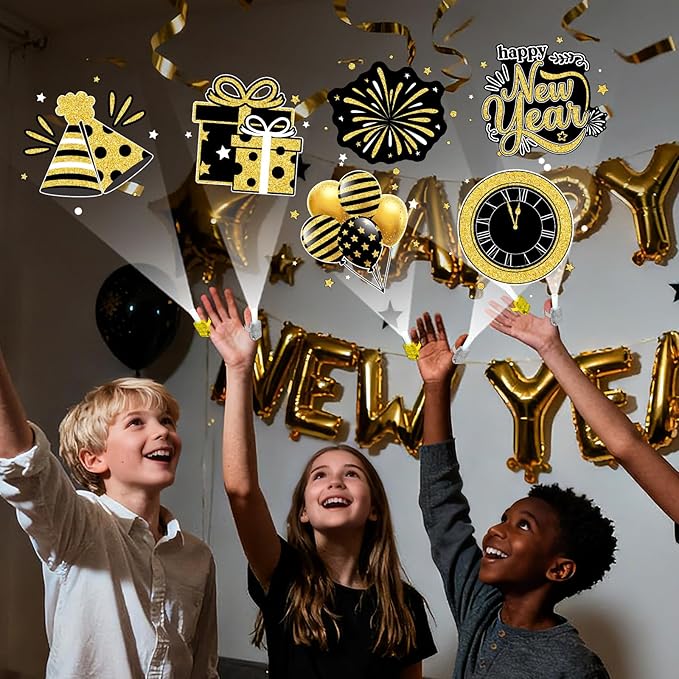 36PCS Happy New Year Finger Lights Happy New Year Eve Party Favors Glow in the Dark Light Up Finger Lights Black Gold Toys Bulk for Kids Birthday Party Goodie Bag Stuffer Birthday Gift Classroom Prize