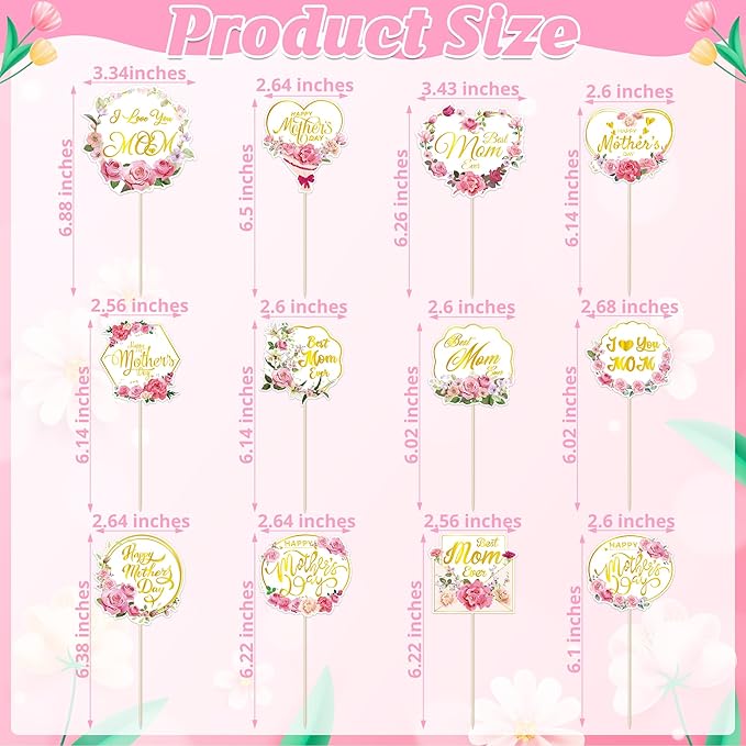 24 Pcs Gold Foil Mothers Day Cake Toppers Set, Happy Mothers Day Topper for Flowers and Cakes, Mothers Day Cake Decor with Glittering Greetings, Mother's Day Cake Picks from Recyclable Paper